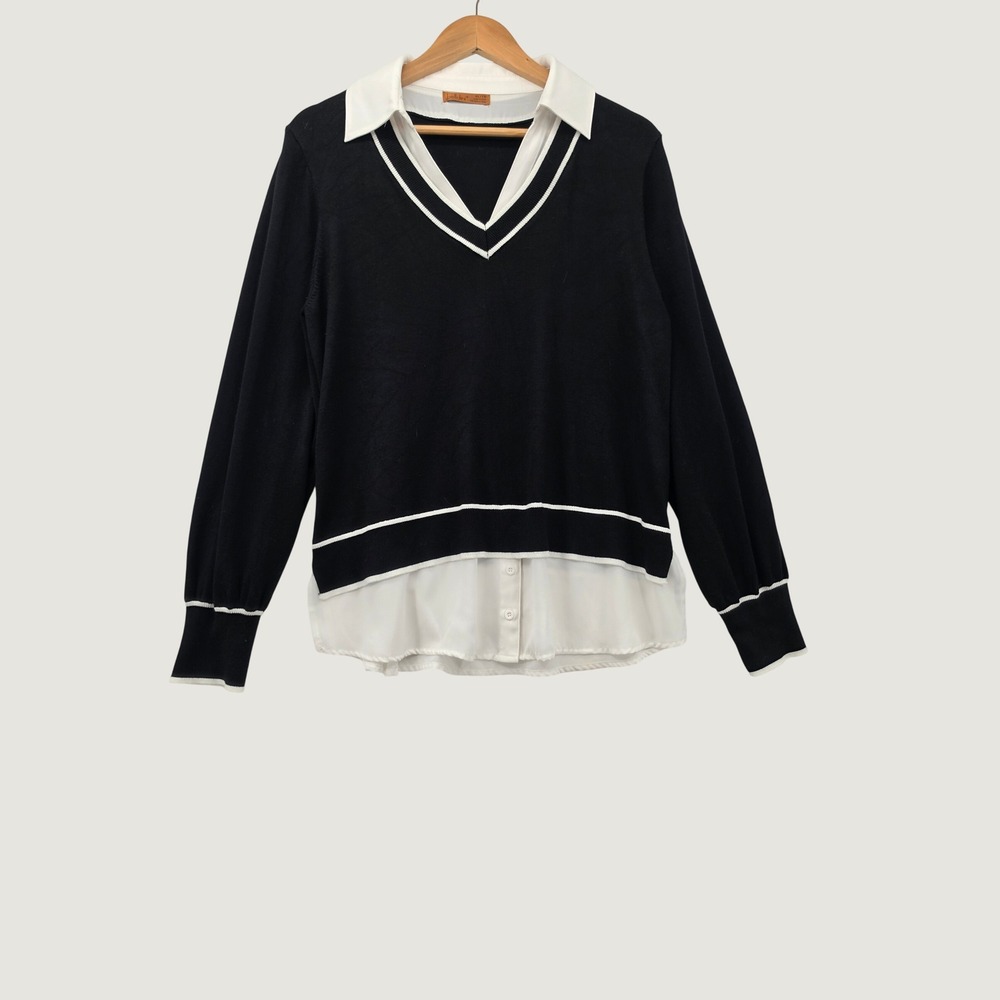 Belldini Black Layered Sweater White Collar 2-in-1 Knit Top XL Preppy Workwear
